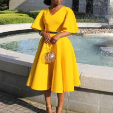 SC Flared Sleeves V-neck Big Swing Midi Dress GMLF-D3191