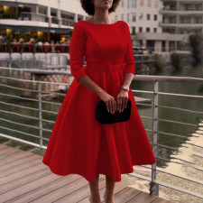SC Solid Color 3/4 Sleeve Big Swing Party Dress(With Waist Belt) GMLF-D346-B1