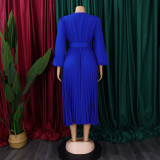 SC Long Sleeve V Neck Pleated Midi Dress(With Belt) GMLF-D3230