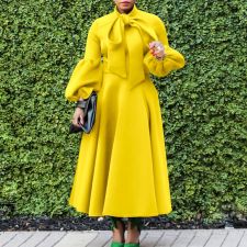 SC Tie Lantern Sleeve Bowknot Big Swing Midi Dress GMLF-B1-D427