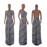 SC Zebra Print Halter Backless Wide Leg Jumpsuit QYXZ-9929