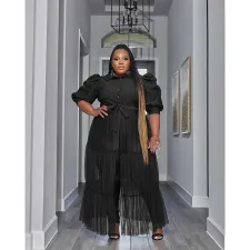 SC Plus Size See-through Mesh Patchwork Half Sleeve Cake Dress QYXZ-9104