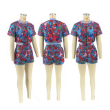 SC Fashion Print Patchwork Short Sleeve Two Piece Short Set FOSF-8383