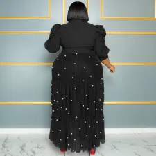 SC Plus Size Pearl Mesh Semi-sheer Half Sleeve Maxi Dress QYXZ-91041