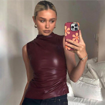 SC Leather Stacked Sleeveless Top GDSF-D23TP298