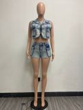 SC Fashion Multi-pocket Vest Denim Two Piece Short Set YMEF-51065