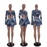 SC Flare Sleeve Mesh Print Crop Tops Two Piece Skirt Set QYXZ-9918