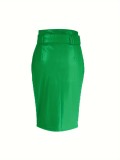 SC Casual Split PU Leather Half Body Skirt MOF-8940