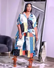 SC Plus Size Loose Print Shirt Pleated Pant Suit QYXZ-9947