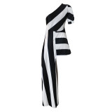 SC Plus Size Fashion Slash Shoulder Striped Shirt Dress GHF-153