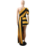 SC Plus Size Fashion Slash Shoulder Striped Shirt Dress GHF-153