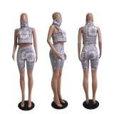 SC Print Sleeveless Tops And Short 2 Piece Set(With Mask) QYXZ-9931