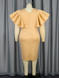 SC Plus Size V Neck Pleated Ruffle Sleeve Midi Dress(With Belt) GKEN-AM040125