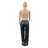 SC Bubble Beads Loose Wide Leg Pockets Leather Pants GRNH-28559