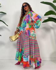SC Casual Print Bubble Sleeve Pleated Maxi Dress GRNH-28333