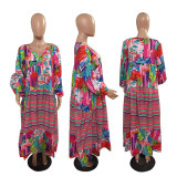 SC Casual Print Bubble Sleeve Pleated Maxi Dress GRNH-28333