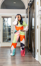 SC Color Contrast Patchwork Print Two Piece Pant Set GRNH-Q5705