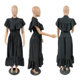 SC Solid Color Short Sleeve Loose Shirt Dress GRNH-28393