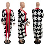 SC Houndstooth Print Long Sleeve Cardigan Coat GRNH-RNH28587