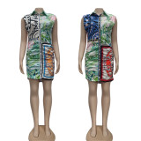 SC Sleeveless Print Pleated Waist Casual Shirt Dress GYSF-1074