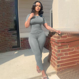 SC Solid Color Ribbed Short Sleeve Two Piece Pants Set YD-015