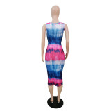 SC Print Dye Sleeveless Hollow Out Midi Dress QXTF-8849
