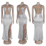 SC Hot Drill Mesh Patchwork Split Maxi Dress NY-3127