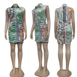 SC Sleeveless Print Pleated Waist Casual Shirt Dress GYSF-1074