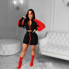 SC Contrast Color Drawstring Zipper Mini Dress CHY-1290