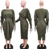 SC Pleated Drawstring Long Sleeve Midi Dress BGN-322