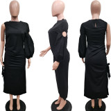 SC Solid Single Shoulder Sleeve Split Maxi Dress BGN-295