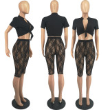 SC Sexy Tie Up Short Sleeve And Mesh Pant Two Piece Set FOSF-8382
