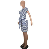 SC Stripe Short Sleeve Belt Midi Dress SMD-24005