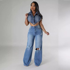 SC Fashion High-waisted Holes Wide-leg Jeans OM-1736