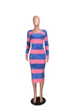 SC Long Sleeve Stripe Print Midi Dress YMT-6231