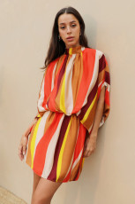 SC Colorful Striped Printed Tie Up Bat Sleeve Dress NY-10723
