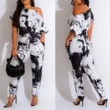 SC Print Short Sleeve One Shoulder Jumpsuit NY-10720