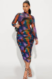 SC Sexy Sling Print Dress+Mesh Long Sleeve Midi Dress Two Piece Set ME-8254