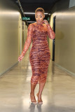 SC Sexy Sling Print Dress+Mesh Long Sleeve Midi Dress Two Piece Set ME-8254