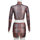 SC Mesh Print Tight Crop Tops Two Piece Skirts Set XEF-42289