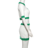 SC Lapel Neck Color Block Half Sleeve Two Piece Skirts Set XEF-43338