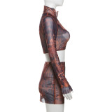SC Mesh Print Tight Crop Tops Two Piece Skirts Set XEF-42289