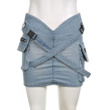 SC Fashion Cross Button Pleated Denim Skirt GLRF-LR05887