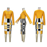 SC Color Block Plaid Flare Sleeve Midi Dress XHSY-6839