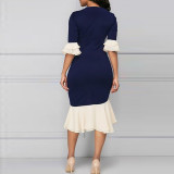SC Plus Size Patchwork Bow O Neck Lace Hem Midi Dress XHSY-29001