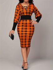 SC Plus Size Printed Long Sleeve Waisted V-Neck Dress XHSY-19900