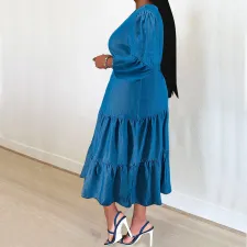 SC Plus Size Denim Half Sleeve Belt Midi Dress GDAM-218373