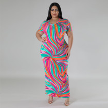 SC Plus Size Print Short Sleeve V Neck Maxi Dress GDAM-218375