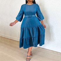 SC Plus Size Denim Half Sleeve Belt Midi Dress GDAM-218373