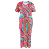 SC Plus Size Print Short Sleeve V Neck Maxi Dress GDAM-218375